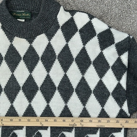 Vintage 1980s Dana Scott Sweater Grey/White Floral Checkered - Large - Picture 8 of 10